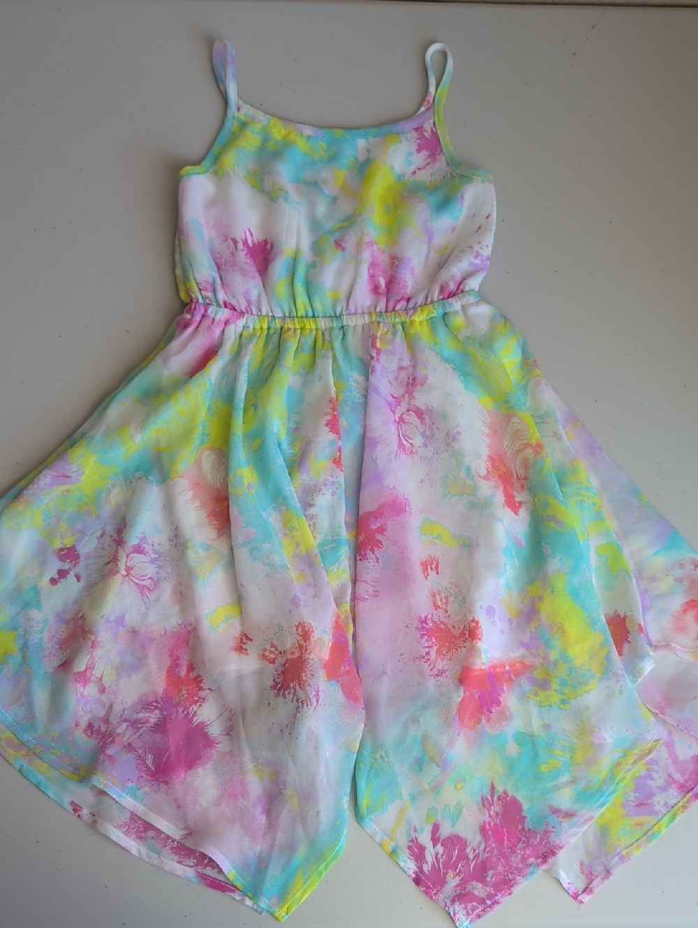 Girls' Pastel Watercolor Handkerchief-Hem Dress - Pink & Aqua
